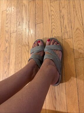 Ara Gray Leather Slip-On Sandals with Metallic Accents